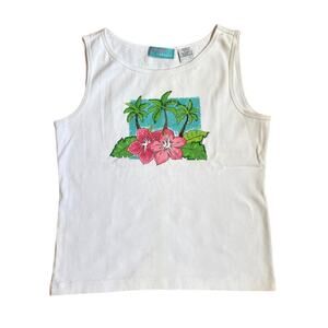 Onque Casual y2k white floral palm tree‎ beaded sleeveless cotton tank SIZE S
